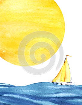 A small yellow sailboat on blue waves against the backdrop of a circle of a giant full moon. Boat at sea. Big yellow