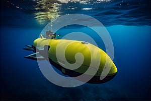 Small yellow scientific submarine floating in blue water researching deep sea