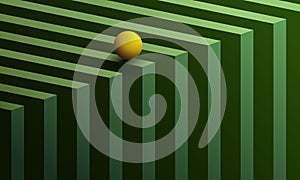 Small yellow sphere rolling over green geometric pattern. 3D imitation in vector illustration