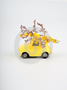 Small yellow toy car with a bouquet of wild flowers on a white background