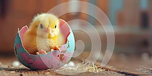 Small yellow young chicken is hatching from colourful painted Easter egg