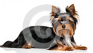 Small Yorkshire terrier Yorkie - Canis lupus familiaris - isolated on white background laying down while looking at camera