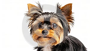 Small Yorkshire terrier Yorkie - Canis lupus familiaris - isolated on white background portrait closeup of face looking at camera