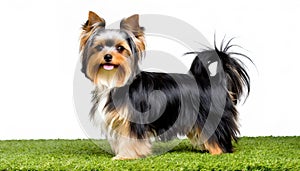 Small Yorkshire terrier Yorkie - Canis lupus familiaris - isolated on white background standing in green grass while looking at