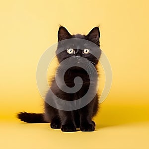 Small and young black cat on a yellow background