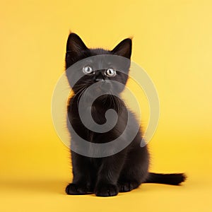 Small and young black cat on a yellow background