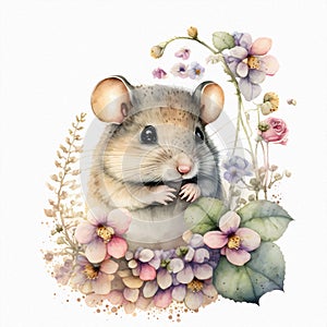 Small young mouse is sitting in field among wildflowers and grass. Watercolor illustration