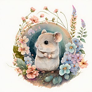 Small young mouse is sitting in field among wildflowers and grass. Watercolor illustration