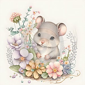 Small young mouse is sitting in field among wildflowers and grass. Watercolor illustration