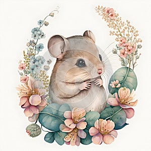 Small young mouse is sitting in field among wildflowers and grass. Watercolor illustration