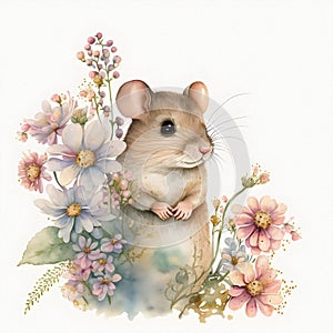 Small young mouse is sitting in field among wildflowers and grass. Watercolor illustration