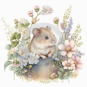Small young mouse is sitting in field among wildflowers and grass. Watercolor illustration