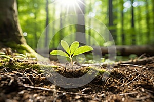 Small young plant sprout in the forest close up