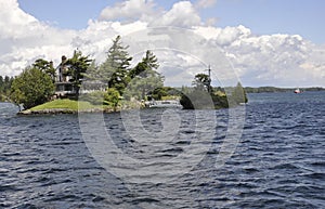 The Smallest Bridge between Canada and United States Border from Thousand Islands Archipelago