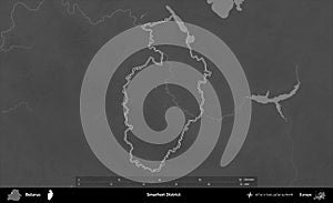 Smarhon District outlined, Belarus. Grayscale