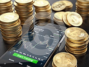 Smarphone with trade application and Stacks of Bitcoins. Trading cryptocurrency concept