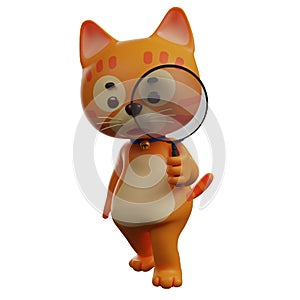 Smart 3D Cat Cartoon Character using a magnifying glass