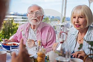 Smart aged people having lunch with their friends