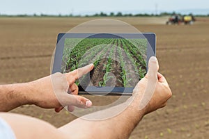 Smart agriculture. Farmer using tablet corn planting. Modern Agriculture concept.