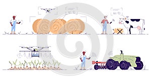 Smart agriculture flat vector illustrations set. Hi-tech autonomous farming cartoon concepts with outline. Agricultural