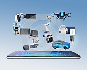 Smart appliances, drone, autonomous vehicle and robot arranged in `5G` text on smart phone