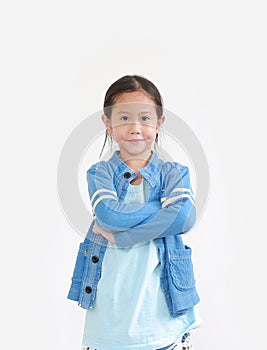 Smart asian child girl crossed arms with happy and face smiling looking at camera isolated on white background