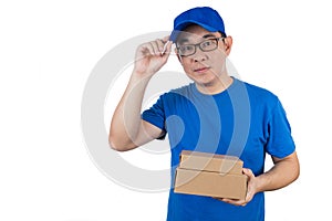 Smart Asian Chinese delivery guy in uniform delivering parcel