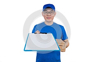 Smart Asian Chinese delivery guy in uniform delivering parcel