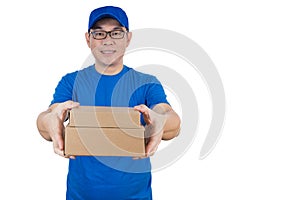 Smart Asian Chinese delivery guy in uniform delivering parcel