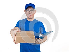 Smart Asian Chinese delivery guy in uniform delivering parcel