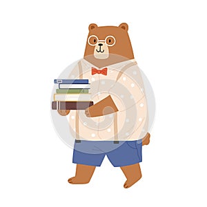 Smart bear cub in clothes and glasses. Animalistic childish character or teddy pupil going to school and hold pile of