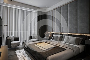 Smart Bedroom decorated with Black Theme and Smart furnishings, 3D rendering