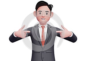 3D illustration of man in black suit pointing self photo