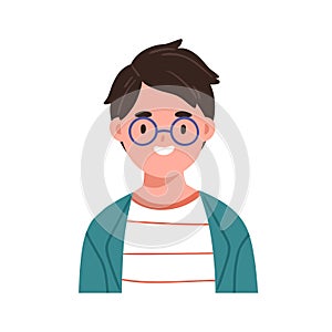 Smart boy in glasses, head portrait. Cute school kid face. Child in eyeglasses. Smiling schoolboy, little student