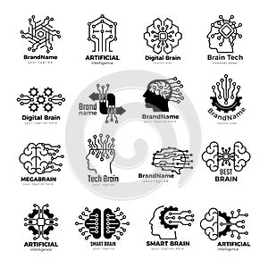 Smart brain logo. Intelligence mains dots digitize symbols robot and computer network structure recent vector collection