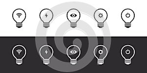 Smart bulb icons. LED bulbs with wireless remote. Smart home icons. Vector illustration