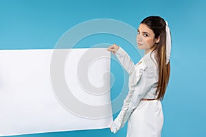 Smart business caucasian woman hold blank white paper for ads. Advertisement blank space for your advising, information