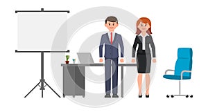 Smart business man and woman standing near office desk, flip chart and chair. Vector illustration of cartoon character people.