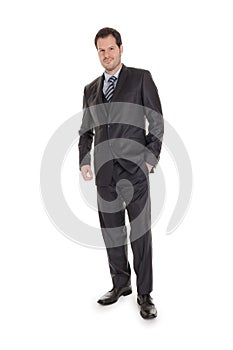 Smart businessman in a black suit in full body length isolated on white background. Business concept