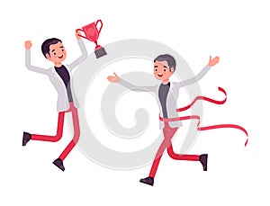 Smart businessman, business manager winning ribbon trophy, crossing finish line