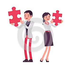 Smart businessman, businesswoman, business manager with giant puzzle piece