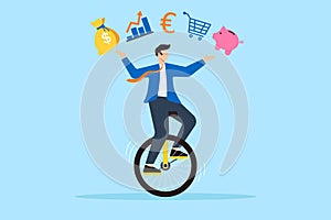 Smart businessman juggling finance on unicycle in flat design