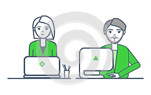 Smart Businessman and Woman by Laptop Team Vector