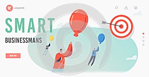 Smart Businessmen Landing Page Template. Business Characters on Balloons Flying to Aim Achievement, Overcome Obstacles