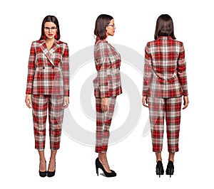 Smart businesswoman in red chequer suit front, side, back view, isolated