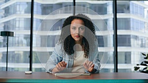 Smart businesswoman typing keyboard office. Girl working in augmented reality