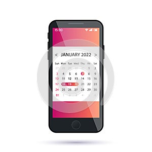 Smart calendar with phone. January 2022. page with to-do list and tasks, date reminder