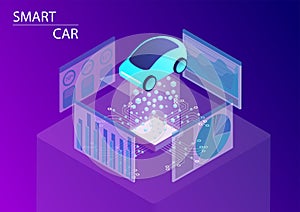 Smart car and autonomous driving concept. 3d isometric vector illustration