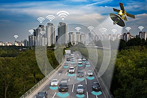 Smart car, Autonomous self-driving mode vehicle on metro city road IoT concept. photo