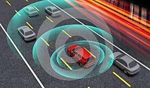 Smart car, Autopilot, self-driving mode vehicle with Radar signal system, 3D Rendering illustration